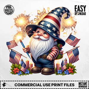 Patriotic Gnome Clipart, 4th of July Art, USA Flag Gnome, Independence Day Printable, Festive Gnome Decor, Gnome with Sparkler, 300 DPI