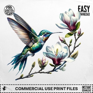 Hummingbird and Magnolia Digital Art, Floral Digital Download, Bird Art Print, Modern Home Decor, Colorful Bird Image, Wall Art Digital