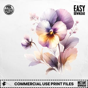 Watercolor Pansy Clipart - Pastel Yellow & Lilac PNG | Commercial Use License