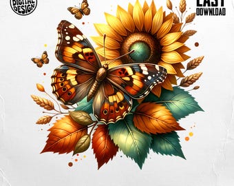 Butterfly Sunflower PNG, Floral Clipart, Butterfly Download, Elegant Design, Nature Art, Autumn Printable, Vector Graphics, Illustration