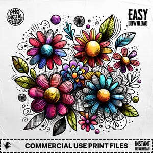 Funky Floral Clipart: Colorful Flower Power Illustration (PNG Digital Download)