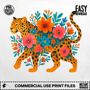 Floral Leopard PNG, Leopard Clipart, Animal Png, Big Cat PNG, Flower Leopard, Sublimation PNG, Digital Download