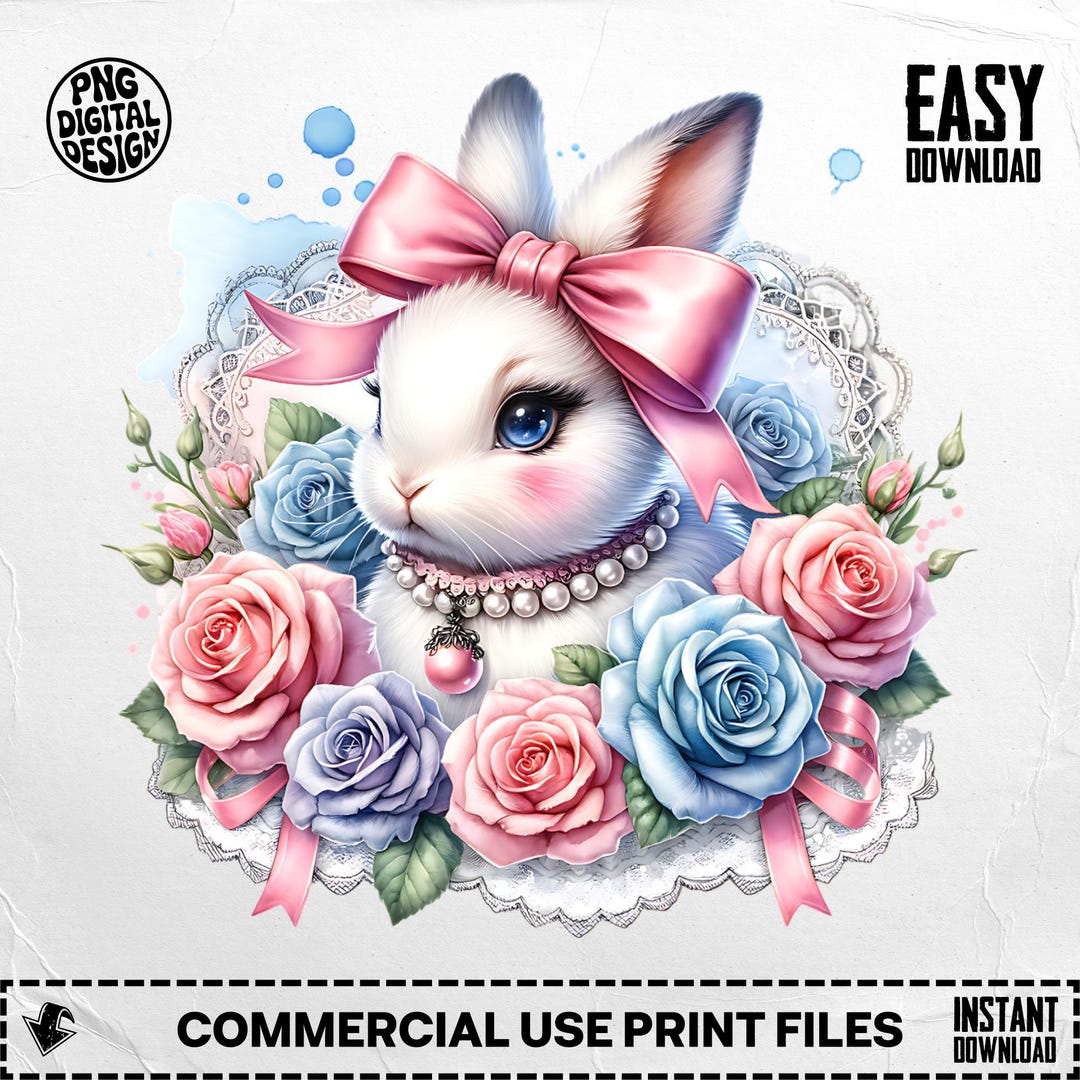 Coquette Bunny Clipart With Ribbon and Pearls | Blue Floral Watercolor ...