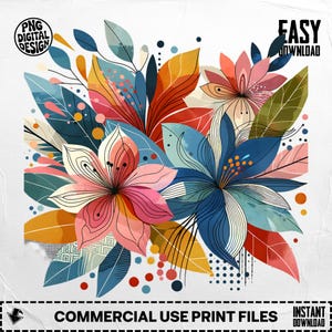 Floral Digital Art, Flower Illustration, Botanical Print, Colorful Floral Design, Modern Wall Decor, Digital Download, Printable Art Flowers