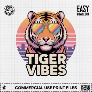 Tiger Vibes Clipart, Cool Tiger Art, Cityscape Clipart, Retro Tiger, Funny Animal Clipart, Summer Vibes Png, Tiger With Shades