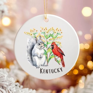 Kentucky Christmas Ornament, State Ornament, Kentucky Gift, Ceramic Ornament, State Symbols, Kentucky Christmas Decor, Cardinal, Squirrel