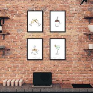 Getränke Illustrationen mit einer Linie gezeichnet / Martini / Prosecco Prosecco / Tasse Tee / Kaffee / digital download wall art / 4er Set