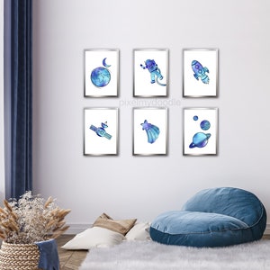 Space illustrations / astronaut / planets / satellite / rocket / moon / nursery and children’s bedroom prints  / set of 6