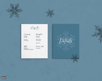 Detalles de boda de invierno / Plantilla de Canva con detalles de copos de nieve / Tarjeta de detalles de boda personalizable en azul hielo