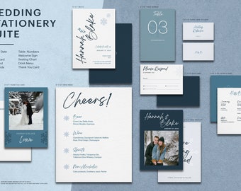 Invitación de boda de invierno / Plantilla de copo de nieve de Canva / Invitación de boda personalizable en azul hielo