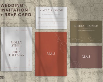 Invitación de boda orgánica + set de RSVP / Plantilla minimalista de Canva / Invitación de boda personalizable en tonos tierra