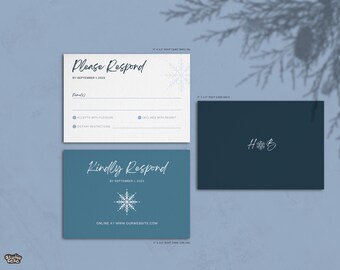 Tarjeta RSVP de boda de invierno / Plantilla de copo de nieve de Canva para boda / Tarjeta RSVP de boda personalizable en azul hielo
