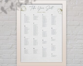 Plano de asientos para boda de primavera / Plantilla floral de Canva para boda / Plano de asientos personalizable en tonos rubor y azul