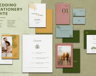 Invitación de boda con palmeras / Plantilla de boda tropical en Canva / Invitación de boda personalizable de destino