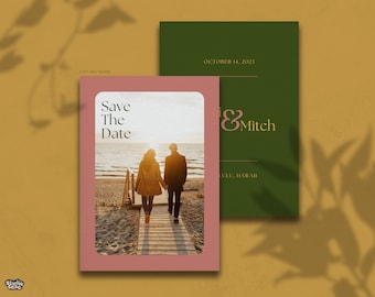 Plantilla de boda tropical en Canva con palmeras para guardar la fecha / Plantilla personalizable para guardar la fecha en destino