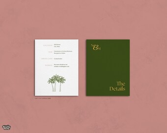 Detalles de boda con palmeras / Plantilla de detalles tropicales en lienzo / Tarjeta de detalles de boda personalizable de destino