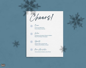 Menú de bebidas para bodas de invierno / Plantilla de copo de nieve de Canva para bodas / Menú de bebidas personalizable en azul hielo