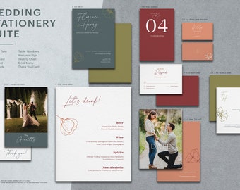 Conjunto de invitaciones de boda de primavera / Plantilla floral de Canva / Invitación de boda personalizable en tonos rubor y azul