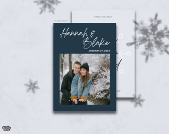 Plantilla de boda de invierno con diseño de copos de nieve en Canva / Plantilla personalizable de boda en azul hielo