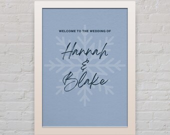 Letrero de bienvenida para boda de invierno / Plantilla de copo de nieve de Canva para boda / Letrero de bienvenida personalizable en azul hielo