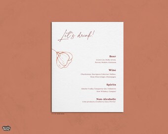 Menú de bebidas para bodas de primavera / Plantilla floral de Canva para bodas / Menú de bebidas personalizable en tonos rubor y azul