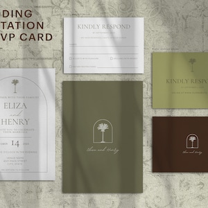 May include: Wedding invitation and RSVP card with a minimalist design featuring a palm tree icon and the text "Eliza and Henry" in a simple font. The invitation is set against a textured background.