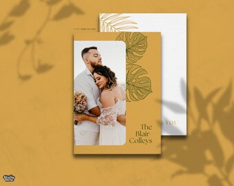 Tarjeta de agradecimiento de boda con palmeras / Plantilla de boda tropical de Canva / Tarjeta de agradecimiento de boda personalizable de destino