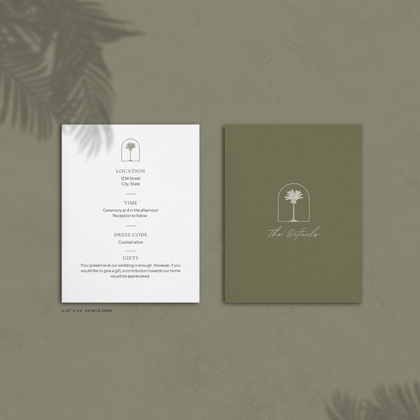 Palm Tree Wedding Details | Tropical Canva Details Template | Destination Customizable Wedding Details Card