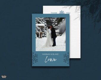 Tarjeta de agradecimiento para boda de invierno / Plantilla de copo de nieve de Canva para boda / Tarjeta de agradecimiento personalizable en azul hielo