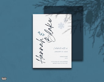 Invitación de boda de invierno / Plantilla de invitación de Canva con copos de nieve / Invitación personalizable en azul hielo