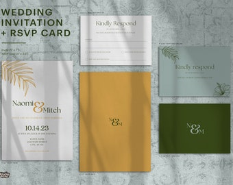 Invitación de boda con palmeras + set de RSVP / Plantilla de boda tropical de Canva / Invitación de boda personalizable de destino