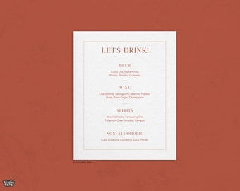 Menú de bebidas orgánicas para bodas / Plantilla minimalista de Canva para bodas / Menú de bebidas personalizable en tonos tierra