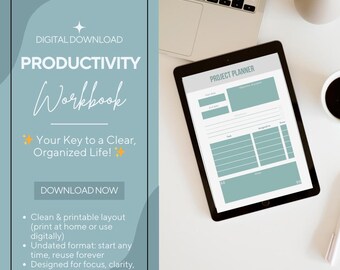 Zeszyt ćwiczeń dotyczący produktywności do wydrukowania w formacie PDF | Planer celów, planer dzienny, śledzenie nawyków, organizator dobrego samopoczucia i finansów