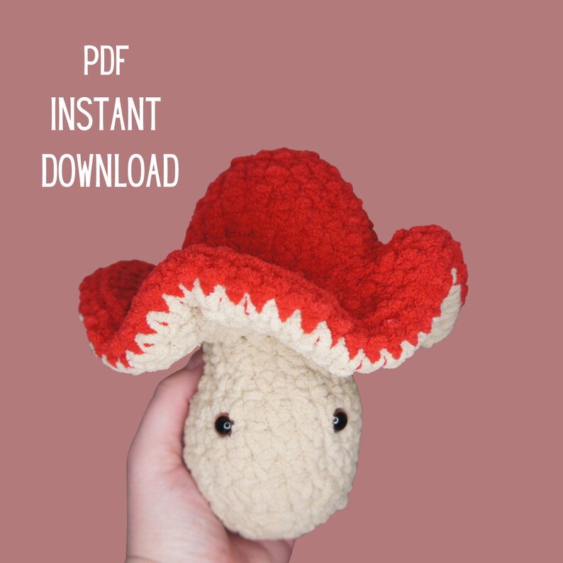 May include: A crocheted mushroom plush toy with a red cap and a white stem. The mushroom has two black eyes.