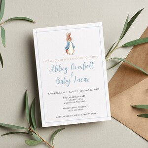 Peter Hase Baby Shower Einladung, Blauer Hase Baby Shower Einladung, Brunch Shower Karte & Umschlag