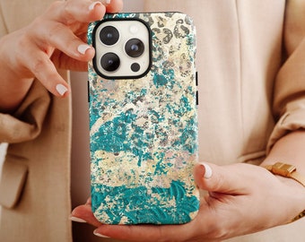 Western Case for iphones, Tough Phone Case, Western Aesthetic Cover for Smartphones, Leopard Print and Turquoise Phone Case, Gift for Her