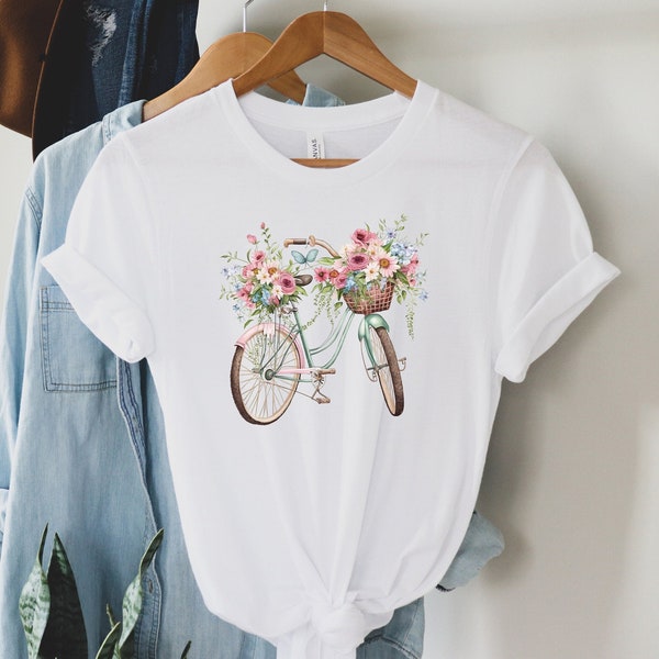 Floral Bicycle Shirt for Women, Spring Flowers Tee, Wildflowers Tshirt, Summer Bicycle T-shirt, Flower Lover Shirt, Gift for Her