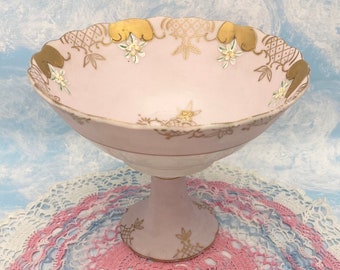 Hand Painted Pink and Gold Vintage Floral Pedestal Bowl Candy Dish By Ardalt Japan