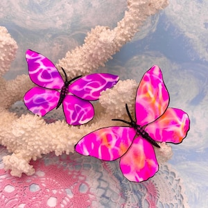Psychedelic Pink Purple Enamel and Crystal Butterfly Brooches Vintage 1960s