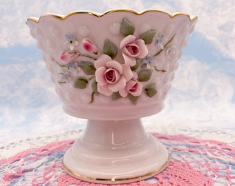 Coquette Rose China Vintage Pedestal Hobnail Candy Dish Lefton