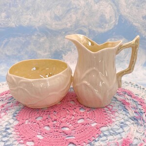 Belleek Ireland Lily White Vintage Creamer Sugar Bowl Set