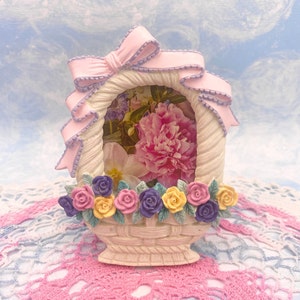 Pastel Rose Basket With Coquette Bow Mini Picture Frame By Russ Vintage 1990s Easter