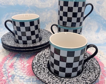 Post Modern Checkered Cappuccino Mugs With Teal Stripe and Speckled Saucer Set of 4