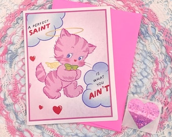 Heaven Sent Angelic/Devilish Kitschy Kitten Valentine Card With Envelope and Heart Sticker