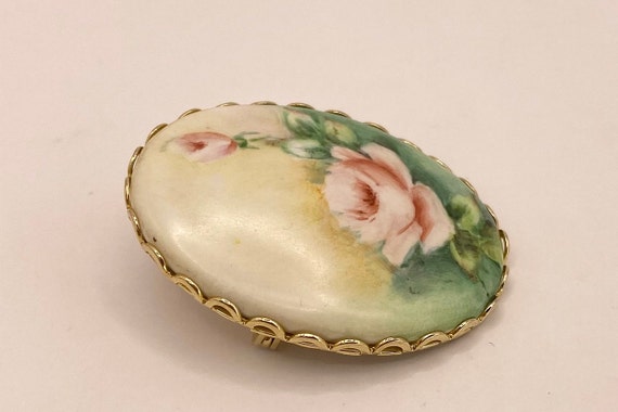 Hand painted Vintage Pink Rose Cabochon Brooch Pin - image 4