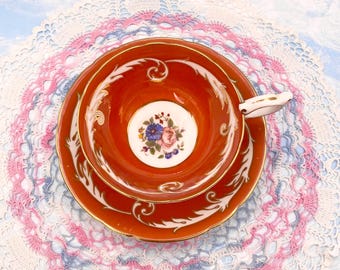 Aynsley Aten-stil orange guld engelsk benporslin tekopp och fat set 1930-tal