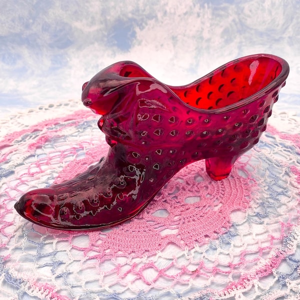 Red Vintage Fenton Hobnail Glass Slipper Ashtray