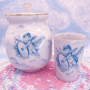 Cherub Amongst Heavenly Clouds Cannister & Cup Rare Vintage Ceramic Lefton