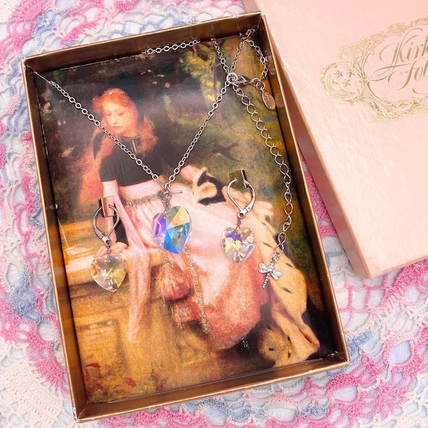Kirk's Folly Rainbow Crystal Heart Dragonfly Silver Necklace and Lever Back Earrings Box Set