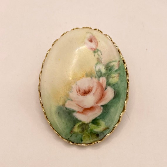 Hand painted Vintage Pink Rose Cabochon Brooch Pin - image 3